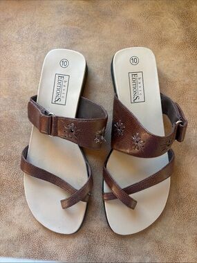 Basic Editions Brown Leather Slide Sandals with Floral Cutouts